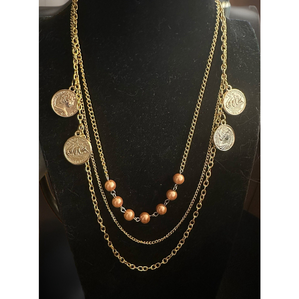 Simulated Pearl& Coin Necklace 22” 3Strand GoldTone Aussie Half Penny Charms